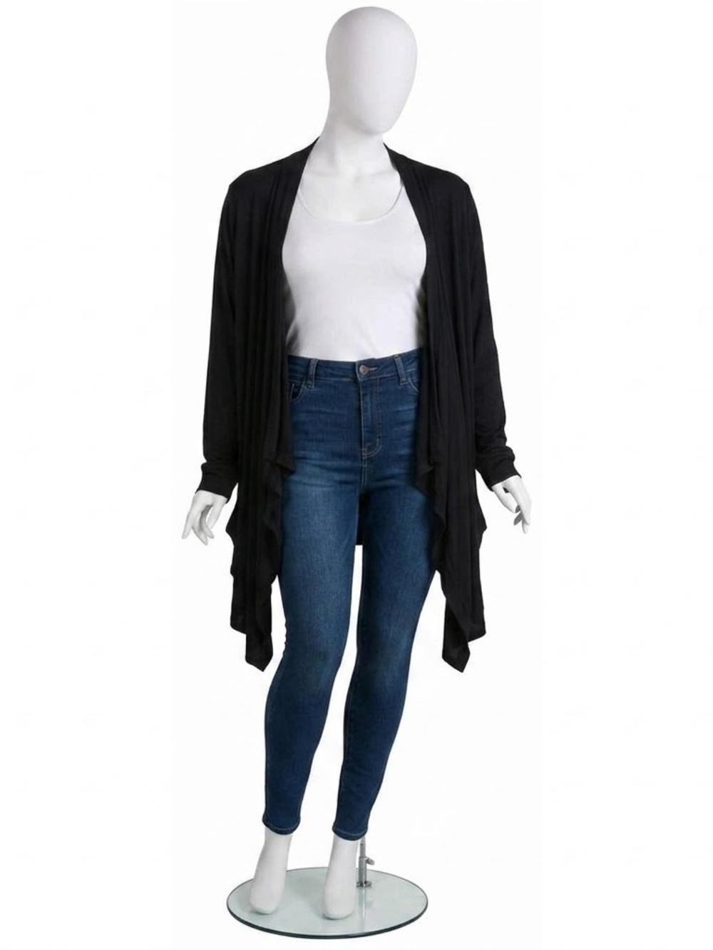 Ricki's Black Draped Open Front Cardigan Sweater Back Vent Snap Detail Size L